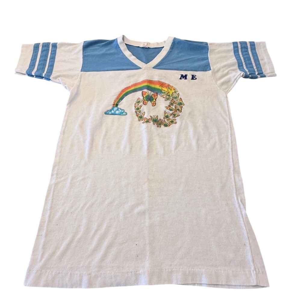 Vintage Bantam The Flutterbies Rainbow Butterfly Jersey T-Shirt Blue White S USA